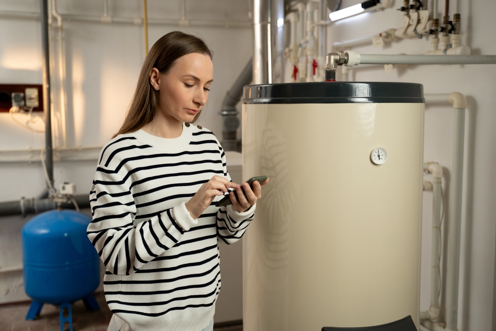 A,young,woman,examines,a,non Operational,boiler,with,concern,,holding